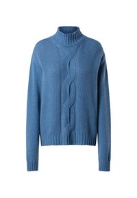 Maglione blu lavorato a maglia con colletto alto a costine, caratterizzato da un motivo centrale a trecce e polsini e orlo a costine, realizzato in un morbido tessuto testurizzato.