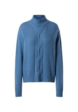 Blauer Strickpullover mit hohem Rippenkragen, der ein zentrales Kabelmuster sowie gerippte Bündchen und Saum aufweist, aus weichem, strukturiertem Stoff gefertigt.