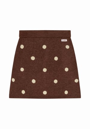 Brązowa dzianinowa spódnica w kremowe grochy, o prostym kroju i składanym pasku w talii, z małą metką "Oh April" blisko górnej krawędzi.