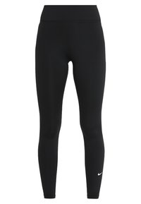Czarne legginsy z elastycznego materiału z wysokim stanem. Posiadają małe białe logo Nike po lewej stronie. Gładka tekstura.
