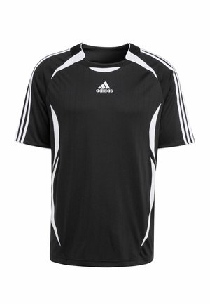 Schwarzes kurzärmliges Sportshirt mit weißen Akzenten und drei weißen Streifen auf jeder Schulter, aus feuchtigkeitsableitendem Material gefertigt.
