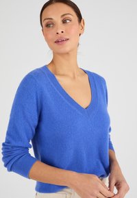 Maglione blue a v in un morbido tessuto texturizzato, con maniche lunghe e polsini e orlo a costine per un miglior fitting e dettagli.