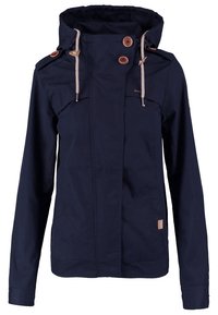 Veste à capuche bleu marine à manches longues, avec deux boutons marron près du col et des cordons de serrage beiges sur la capuche.
