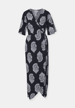 Ναυτικό φόρεμα με λευκό σχέδιο paisley, κοντά μανίκια και ζωνάκι στη μέση. Διαθέτει V-λαιμόκοψη και μπροστινό σκίσιμο για ευκολία στην κίνηση.