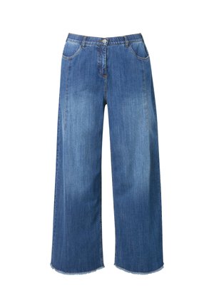 Blauwe denim wijde jeans met een hoge taille, knoopsluiting, zijzakken en een ruwe zoomafwerking.