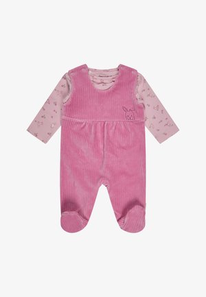 Pink corduroy overall with a rabbit embroidery, layered over a long-sleeve pink top featuring a floral and bunny pattern. Soft texture, footed design.