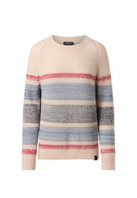 Maglione a maglia beige con righe orizzontali in rosso, blu e grigio. Presenta un colletto e polsini a costine, e un piccolo etichetta con logo in basso.