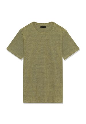 Tricou cu mânecă scurtă verde măsliniu, realizat dintr-un material moale cu o textură subtilă, având un guler rotund și o croială standard.