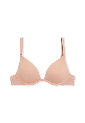 Bra plongeante di un beige chiaro con coppe modellate lisce, spalline regolabili e dettagli in pizzo sui lati. Tessuto morbido e design senza cuciture.