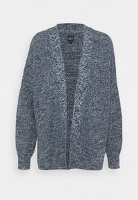 Stickad kofta i mörkblå och grå nyanser, öppen framsida med ett strukturerat mönster, sänkt axelsöm och långa ärmar.