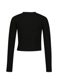 Černý zkrácený svetr s dlouhými, žebrovanými rukávy. Má kulatý výstřih a texturovanou tkaninu. Jednoduchý, jednobarevný design.