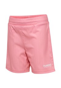 Ljusrosa sportshorts i slät tyg, med ett subtilt vertikalt randmönster och resårmidja. Logotyp i vitt vid fållen.