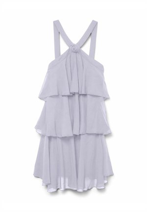 Világos lila ujjatlan ruha, réteges fodrokkal, hátsó megkötővel és virágdísszel a nyakrészén. Puha anyag, amely légies formát kölcsönöz.