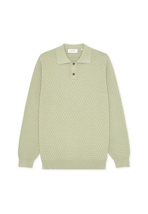 Ανοιχτό πράσινο πλεκτό πούλοβερ με υφή, γιακά και πατιλέτα με τρία κουμπιά. Μακριά μανίκια, ριμπ τελείωμα στα μανίκια και στη βάση.