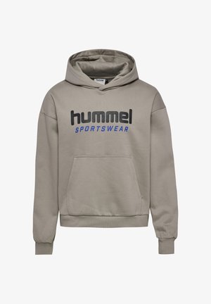 Grauer Kapuzenpullover mit einer Fronttasche, mit auffälligem schwarzem "hummel"-Schriftzug und blauem "SPORTSWEAR"-Schriftzug. Weicher Stoff, gerippte Bündchen.