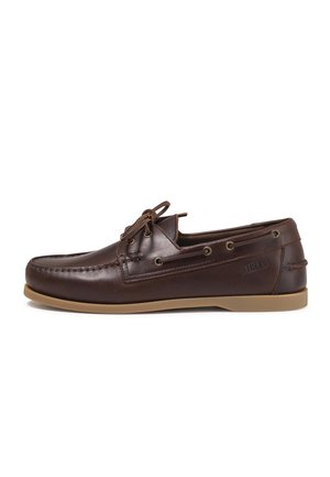 Brown leather boat shoe with lace detail, stitched toe, and rubber sole, side view on white background.