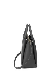 Gray leather handbag with a structured shape, two top handles, a detachable shoulder strap, and gold-tone hardware accents.