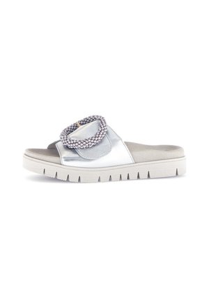 Metallic silver slide sandal with a textured strap featuring bead accents, gray cushioned insole, and a white segmented outsole.