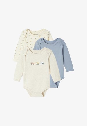 Set of three long-sleeve bodysuits in soft cotton: one light cream with printed vehicles, one beige with tractor design, and one light blue.