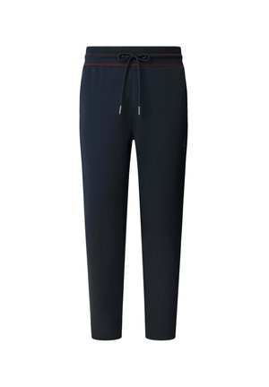 Pantalones jogger en color navy con un acabado texturizado, cinturilla elástica con acentos rojos y cierre de cordón. Diseño de pierna recta, sin bolsillos.