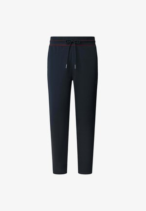 Pantaloni jogger blu navy con finitura texturizzata, vita elastica con accenti rossi e chiusura con cordoncino. Design a gamba dritta, senza tasche.
