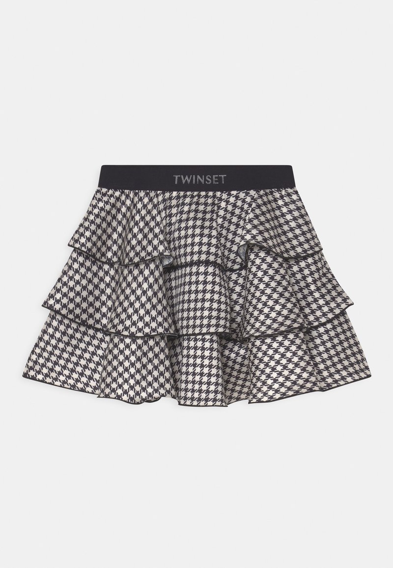 Jupe mini à carreaux noir et blanc avec volants superposés et taille élastique arborant le nom de la marque "TWINSET" en gris.