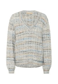 V-puku, joka on pehmeää ja teksturoitua neulosta, jossa on harmaan, sinisen ja beigen sävyjä raidoitettuna. Pitkät puffimaisten hihojen ja ribatetut hihansuut sekä helma.