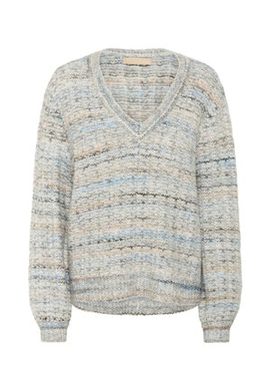 Pull à col en V en tricot doux et texturé avec un mélange de rayures grises, bleues et beiges. Manches bouffantes longues et bords côtelés.