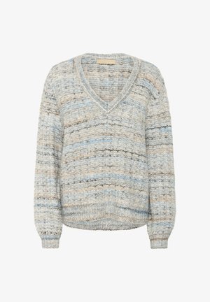 V-hals trui in een zachte, gestructureerde brei met een mix van grijze, blauwe en beige strepen. Lange pofmouwen en geribde manchetten en zoom.