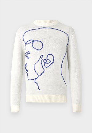 Camisola de malha branca com um gráfico em linha azul de um rosto na frente, com decote e punhos canelados para maior textura.