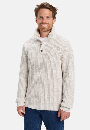 Maglione a maglia beige chiaro con tessuto testurizzato, colletto alto e patta con tre bottoni. Polsi e orlo a coste. Indossato con pantaloni in denim blu.