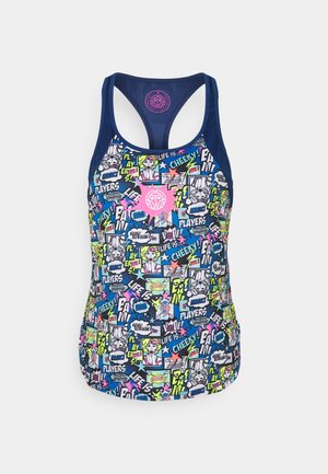 Tanktop mit einem bunten grafischen Muster, das verschiedene spielerische Texte und Illustrationen zeigt. Hergestellt aus einem dehnbaren, leichten Stoff mit marineblauer Besetzung.