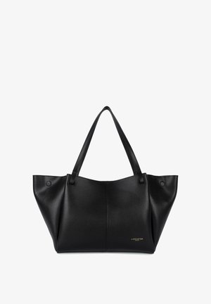 Borsa tote in pelle nera con texture liscia, apertura ampia e due lunghe cinghie per la spalla. Presenta un dettaglio logo dorato.