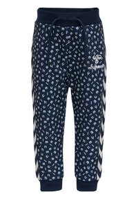 Mörkblå joggingbyxor med ett vitt abstrakt bokmönster, resårmidja med dragsko och kontrasterande sidoremsor.