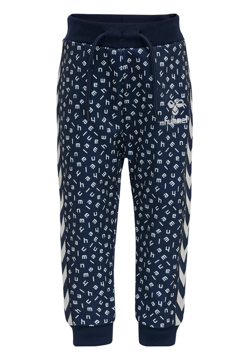 Mörkblå joggingbyxor med ett vitt abstrakt bokmönster, resårmidja med dragsko och kontrasterande sidoremsor.