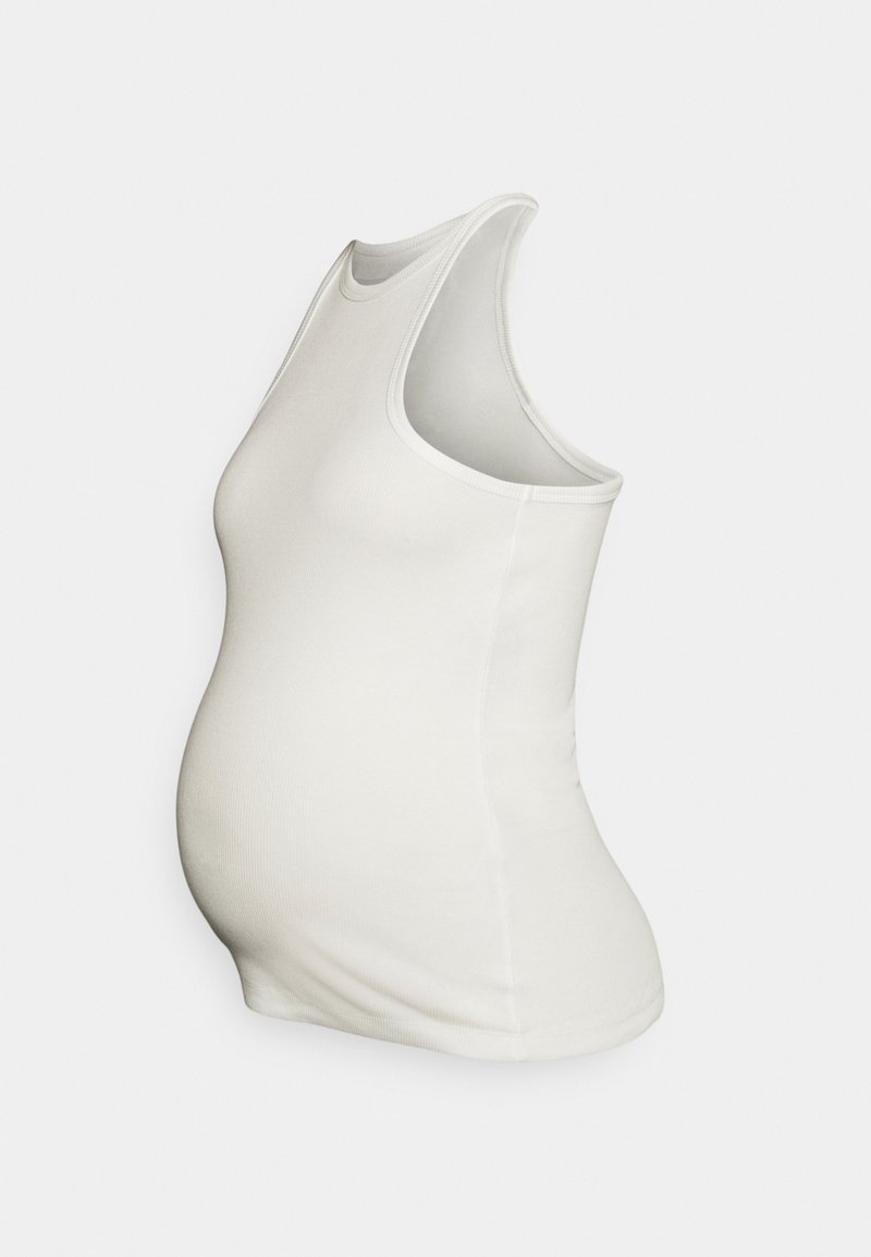 Top de maternidade em algodão branco suave, apresentando uma forma ajustada, design sem mangas e tecido elástico para conforto durante a gravidez.