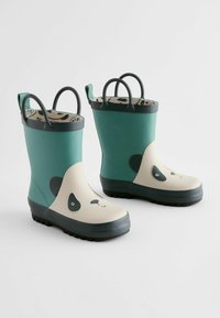Bottes de pluie en caoutchouc vert avec un design de visage de panda, présentant un bout beige, des accents noirs et deux poignées solides pour un enfilage facile.