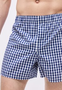 Torse et haut des jambes d'un homme portant un shorty à carreaux bleu et blanc avec une ceinture élastique, sur un fond uni.