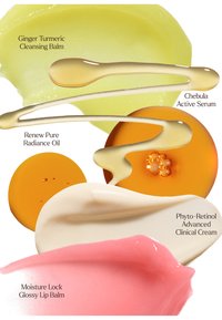 Eine Kollektion von Hautpflegeprodukten mit Balsamen und Ölen in verschiedenen Farben: Gelb, Orange, Weiß und Rosa. Strukturelle, glänzende Oberflächen.