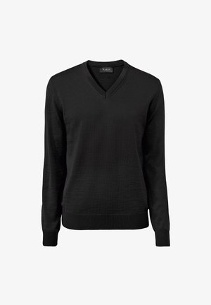 Schwarzer V-Ausschnitt-Pullover aus einem weichen Strickmaterial, mit langen Ärmeln sowie gerippten Bündchen und Saum für eine figurbetonte Passform.