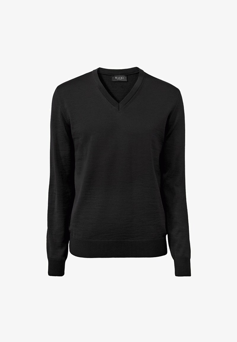 Schwarzer V-Ausschnitt-Pullover aus einem weichen Strickmaterial, mit langen Ärmeln sowie gerippten Bündchen und Saum für eine figurbetonte Passform.