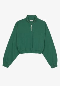Sudadera verde corta con cuello alto, cierre de media cremallera y cinturilla y puños elásticos. Material suave y corte relajado.