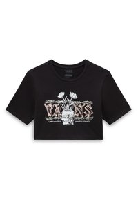 Czarny krótki t-shirt wykonany z bawełny, z graficznym nadrukiem czaszki z kwiatami powyżej oraz z napisem "VANS" w stylizowanej czcionce.
