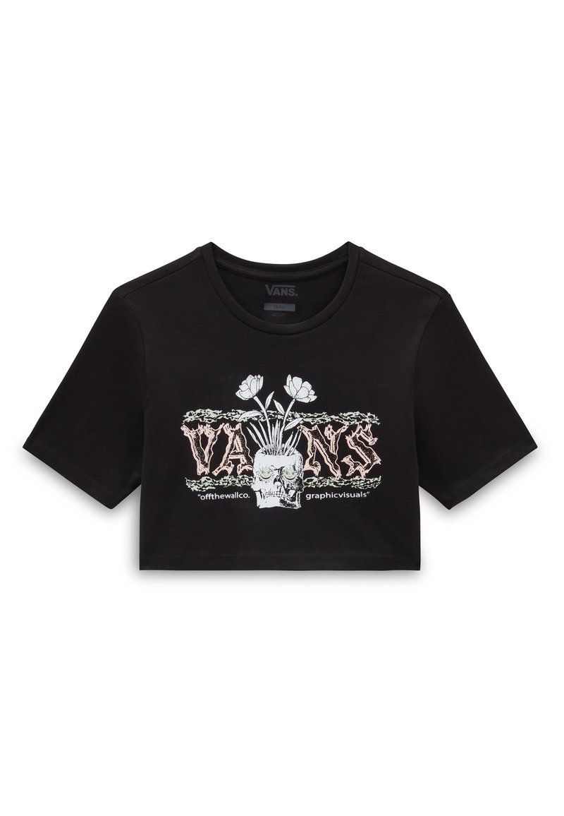 Czarny krótki t-shirt wykonany z bawełny, z graficznym nadrukiem czaszki z kwiatami powyżej oraz z napisem "VANS" w stylizowanej czcionce.