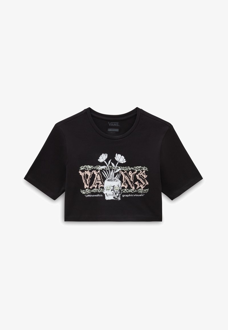 Czarny krótki t-shirt wykonany z bawełny, z graficznym nadrukiem czaszki z kwiatami powyżej oraz z napisem "VANS" w stylizowanej czcionce.