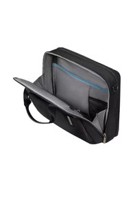 Borsa per laptop in pelle nera con chiusura a zip, interno grigio, scomparti multipli e tracolla. L'interno presenta una tasca di accentuazione blu.