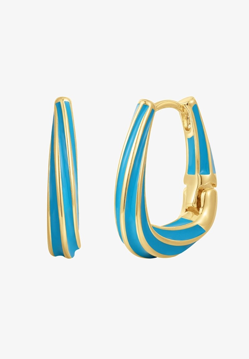 Arany fülbevalók kék zománcsávázattal. Kifinomult dizájn, sima textúrával és fényes felülettel. Figyelemre méltó szögletes forma.