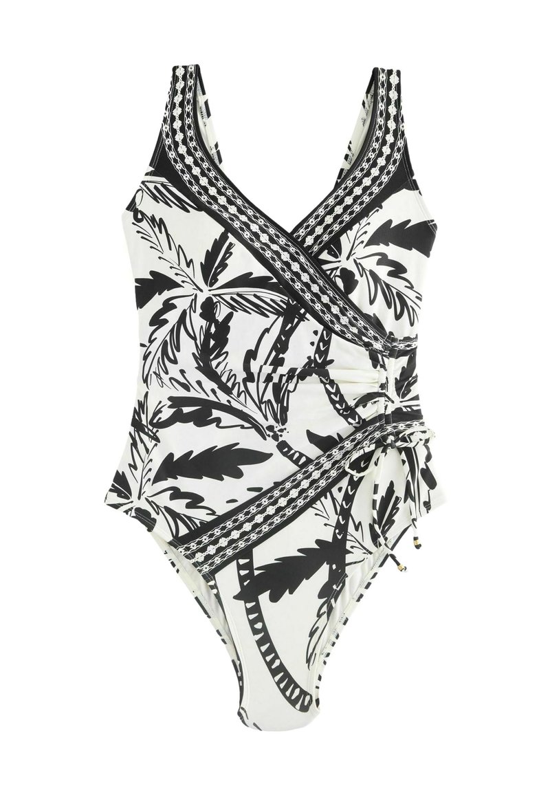 Černobílé vzorované jednodílné plavky s výstřihem do V, překládaným designem, texturovaným lemováním a nastavitelnými postranními stahovacími pásky.