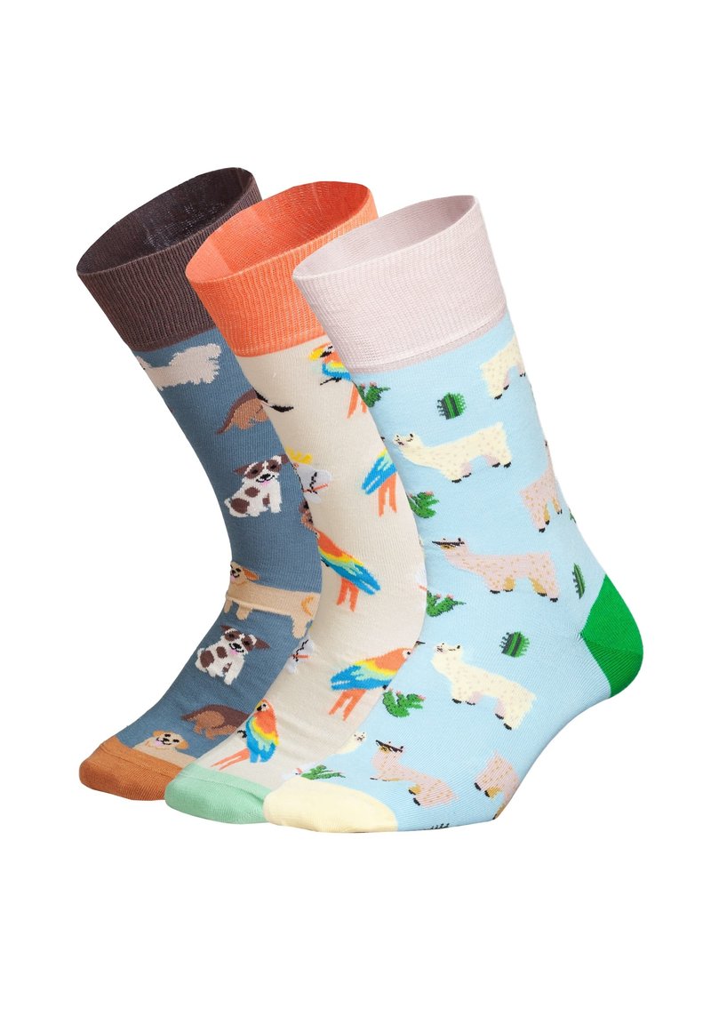 Trois paires de chaussettes en coton : marron foncé, corail et rose clair à bords, présentant des motifs animaliers colorés sur un fond bleu avec des accents verts.