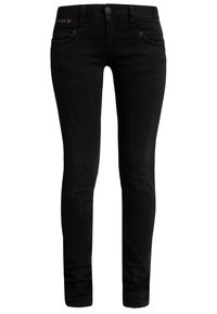 Czarne dopasowane dżinsy, wykonane z denimu, z zapięciem na guzik z przodu, pięcioma kieszeniami i subtelnymi detalami w przeszyciach. Gładka tekstura.